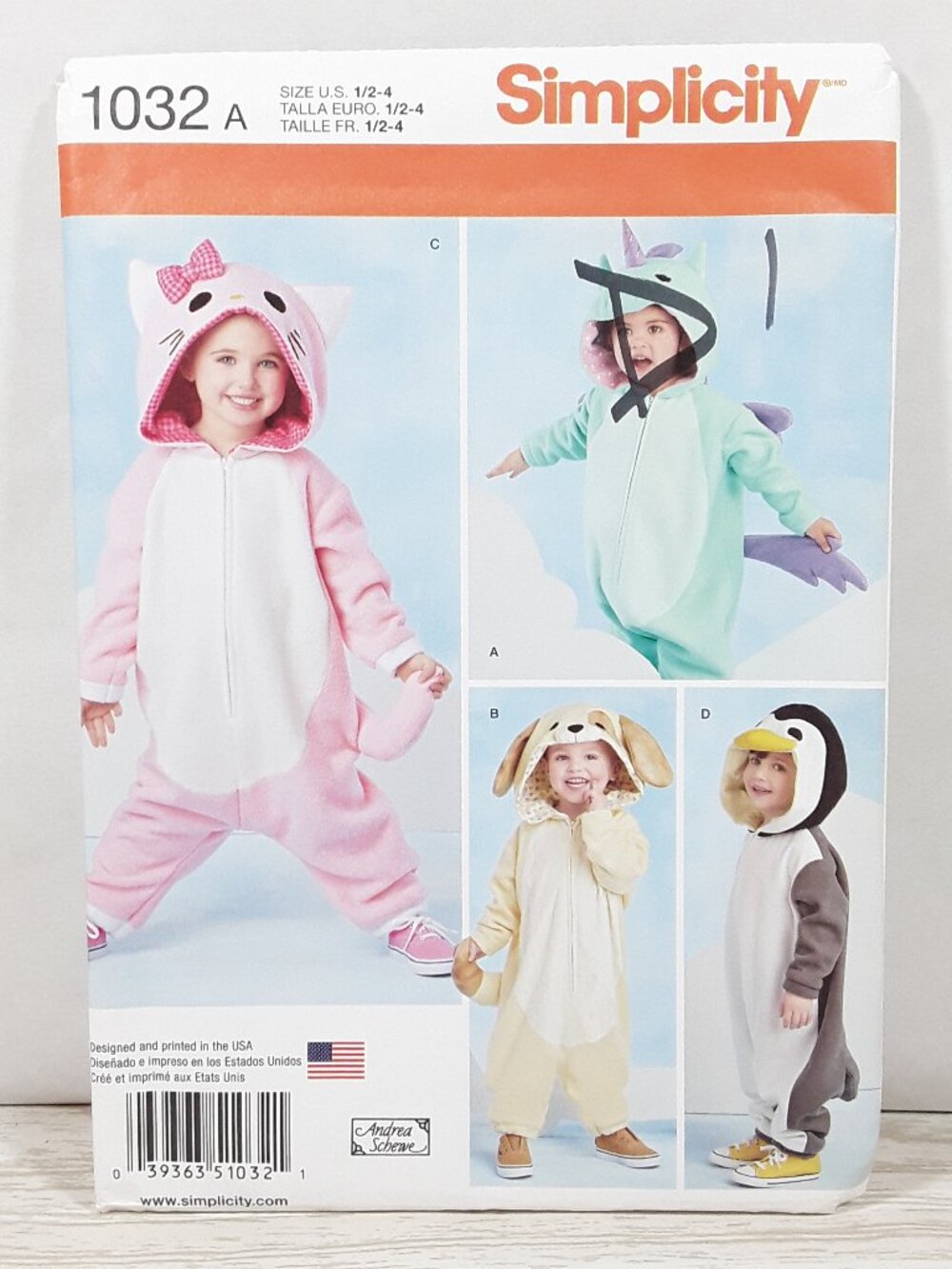 uncut Toddlers Costume Sewing Pattern Cat Dog Unicorn Penguin Simplicity 1032